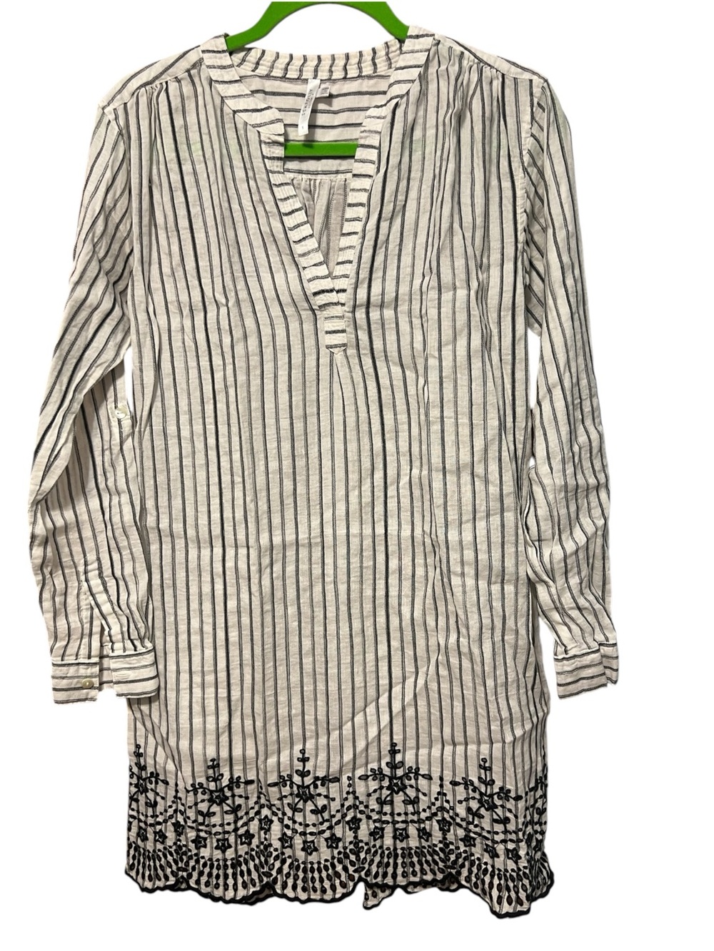 Seafolly White Long-Sleeve Striped Tunic with Black Embroidered Hem Small